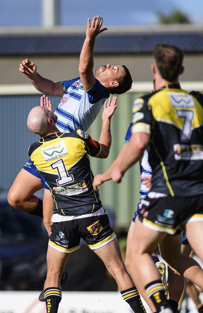 Sam Betros (top) of Brothers and Luke Self of Gatton compete for possession. Picture: Kevin Farmer