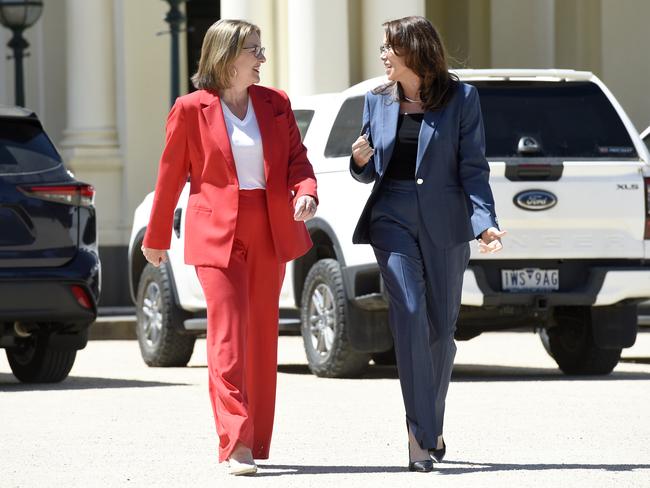 Premier Jacinta Allan with new treasurer Jaclyn Symes at Government House. Picture: Andrew Henshaw