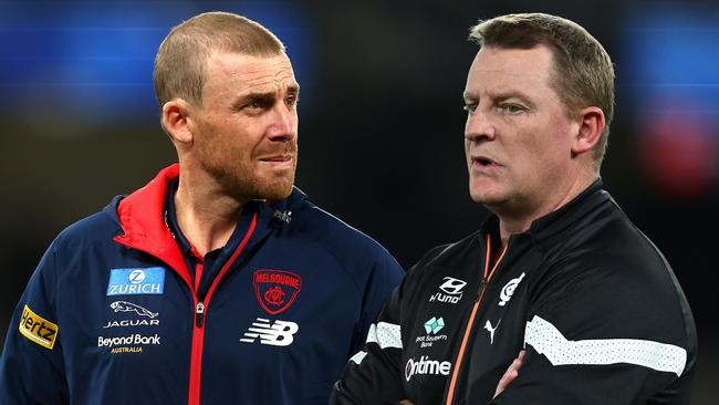 Who will win the battle of the boards, (L-R) Melbourne coach Simon Goodwin or Carlton coach Michael Voss.