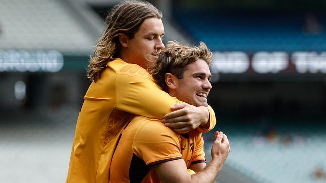 Jack Ginnivan (left) and Nick Watson are working with their managers to organise a new clinic date after they were late withdrawals from a Sunday morning event in Ivanhoe. Picture: Dylan Burns / Getty Images