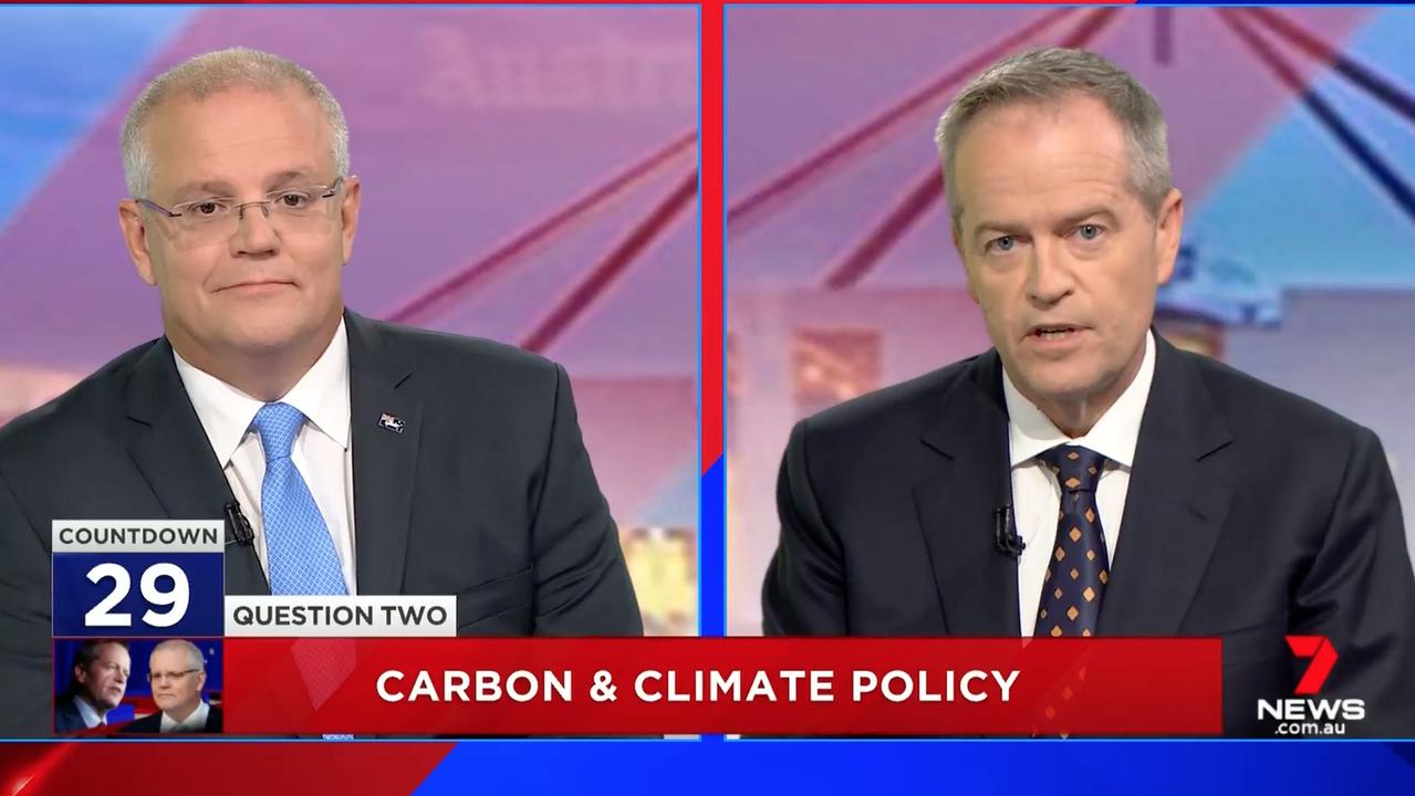 Prime Minister Scott Morrison and Opposition Leader Bill Shorten took part in a smirk-athon at the Seven West Media Studio in Perth. Picture: 7NEWS