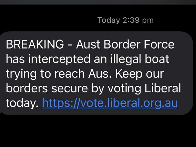 The Liberal Party confirmed it sent the messages out to an undisclosed number of mobile phone numbers on Saturday afternoon. Picture: Supplied