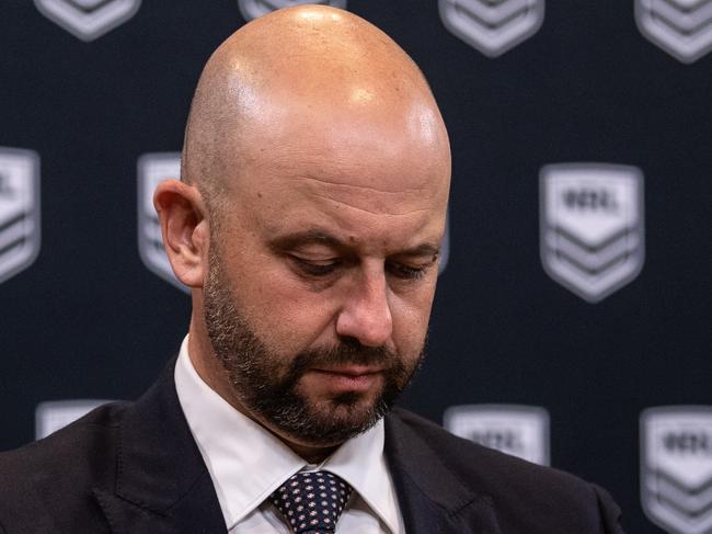 National Rugby League Chief Executive Officer Todd Greenberg leave after speaking to media at a press conference at Rugby League Central in Sydney, Monday, March 23, 2020. (AAP Image/James Gourley) NO ARCHIVING