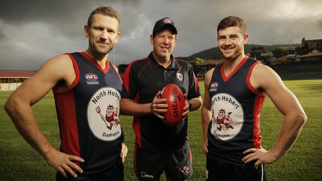 Coach Hugh Williams, left, coach Richard Robertson and Nathan McCulloch are gearing up for North Hobart's TSL footy effort. Picture: MATHEW FARRELL