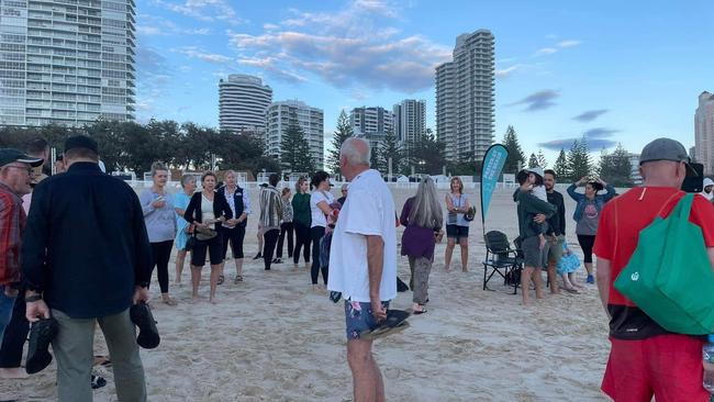 Attendees at the Prayer at the Beach event in Kurrawa on Thursday morning. Picture: Annemarie Du Preez Photography