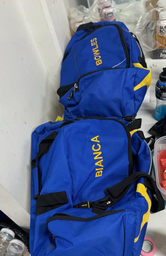 Tribute footy bags for Holly and Bianca. Picture: Alison_R_Photography