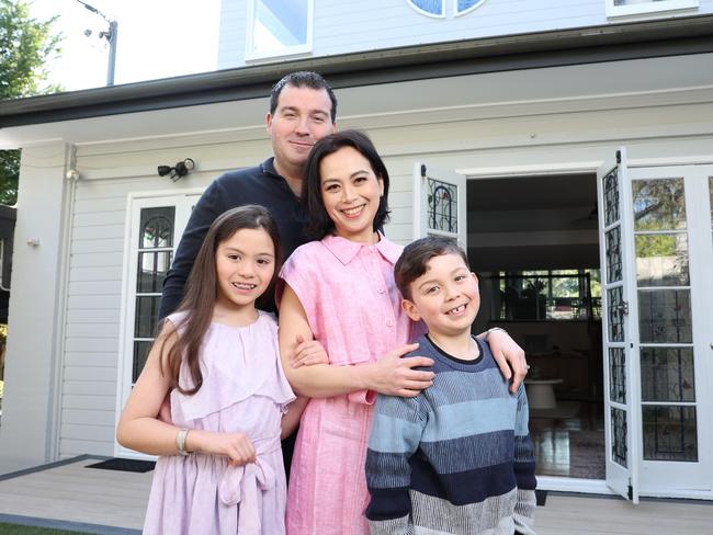 DAILY TELEGRAPH. SEPTEMBER 17, 2024. Pictured are Aaron & Cherrelyn Lydement with their kids Jessica 9 and Jack 6, at their Turramurra home that they are selling. Picture: Tim Hunter.