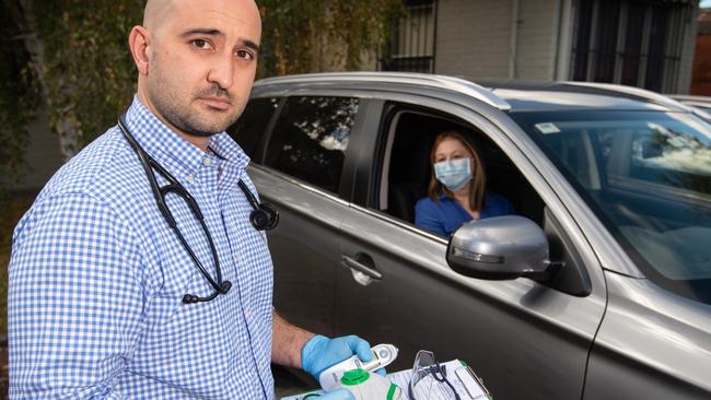 Dr Billy Stoupas has been testing patientrs in his car park if they have symptoms. Picture: Tony Gough