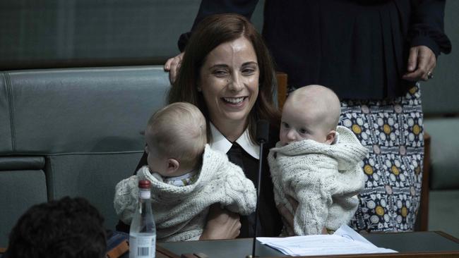 Anika Wells with her twins Ossian and Dashiell before Question Time in Parliament House in Canberra.