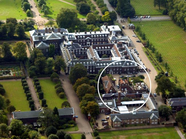 Aerial view of Kensington Palace, London. Circled is Nottingham Cottage where Prince Harry and Meghan, Duchess of Sussex live with their new dog. Picture: Getty Images