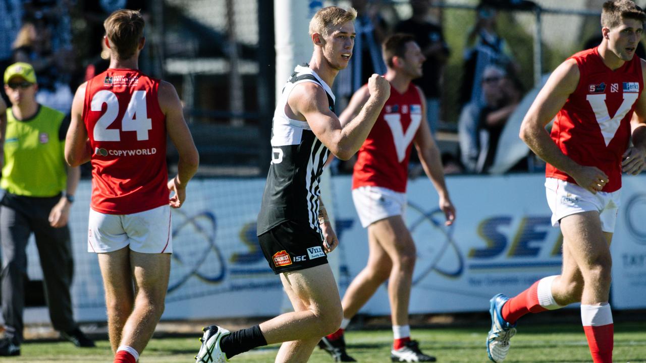 Todd Marshall with his fists in the air after scoring a goal during the SANFL Port Adelaide versus North Adelaide at Alberton Oval on Sunday, April 14, 2019. (AAP Image/ Morgan Sette)