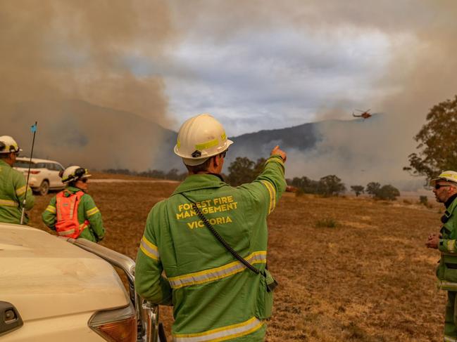 An image released on February 28th, 2024 showing  Forest Fire Management Teams preparing for extreme and catastrophic fire weather in Victoria around the Bayindeen Rocky Road fire. Source: X / @John Bradley - @DEECA_Secretary