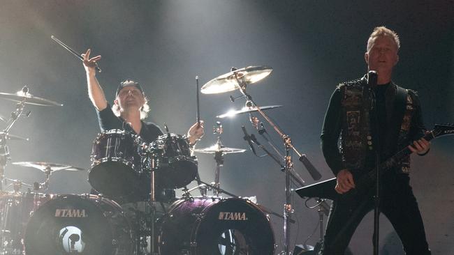 Lars Ulrich and James Hetfield of Metallica during a concert in San Francisco, practising for their impending AFL Grand Final debut in 2019. Pic: C Flanigan/FilmMagic