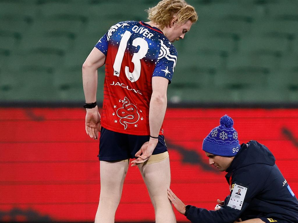 Clayton Oliver’s hamstring is still ‘tight’, according to coach Simon Goodwin. Picture: Michael Willson/AFL Photos