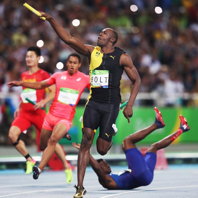 Usain Bolt leads to Jamaica to victory in the Men's 4 x 100m Relay Final during the Athletics on Day 14 of the Rio 2016 Olympic Games. Picture. Phil Hillyard