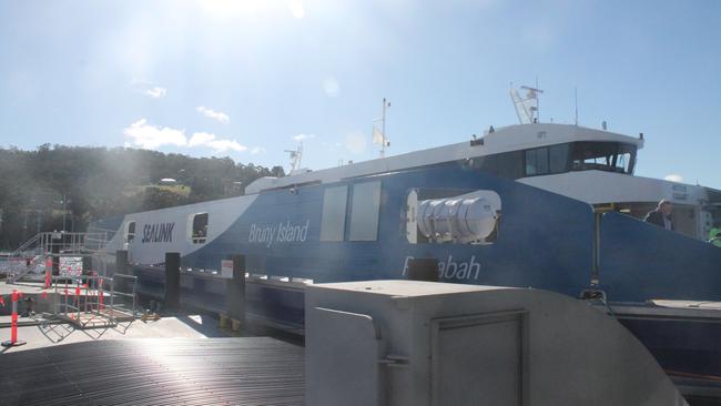 Bruny Island Ferry Reference Group chair Trevor Adams aboard SeaLink's new ferry Parrabah at the vessel's official launch at Kettering on April 21, 2021. Picture: ANNIE MCCANN.