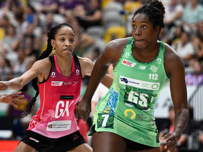 GOLD COAST, AUSTRALIA - FEBRUARY 26: Jhaniele Fowler of the Fever competes for the ball during the 2023 Team Girls Cup match between West Coast Fever and Adelaide Thunderbirds at Gold Coast Sports and Leisure Centre on February 26, 2023 in Gold Coast, Australia. (Photo by Matt Roberts/Getty Images)