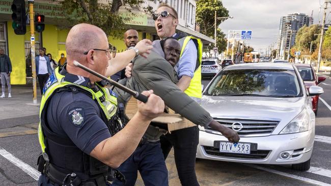 MELBOURNE, AUSTRALIA- NewsWire Photos- APRIL 22, 2025.  Footscray Protest after police shot dead 35-year-old Abdifatah Ahmed. A peaceful protest in Footscray turns violent after a man attacked a police officer. Picture: Jake Nowakowski / NewsWire