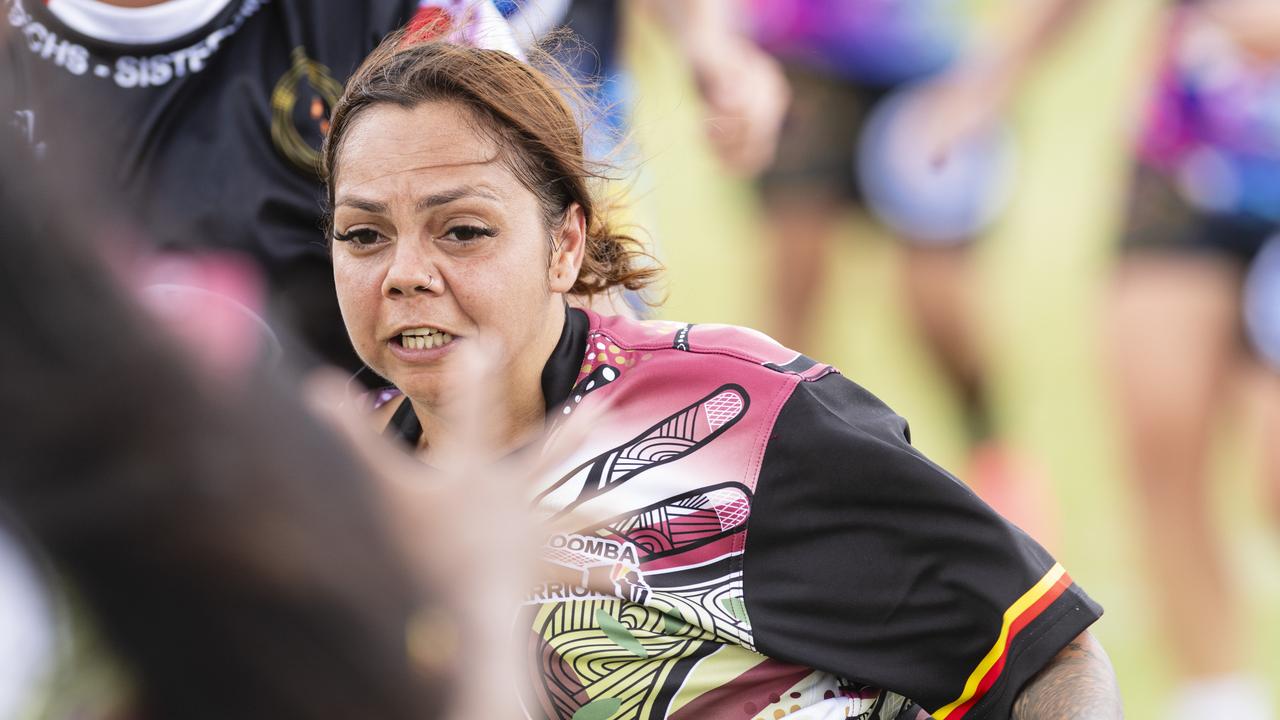 Tamika Clevin gets a pass away for Toowoomba Warriors against ATSiCHS – Sister Girls in the Warriors Reconciliation Carnival women's games hosted by Toowoomba Warriors at Jack Martin Centre, Saturday, January 18, 2025. Picture: Kevin Farmer