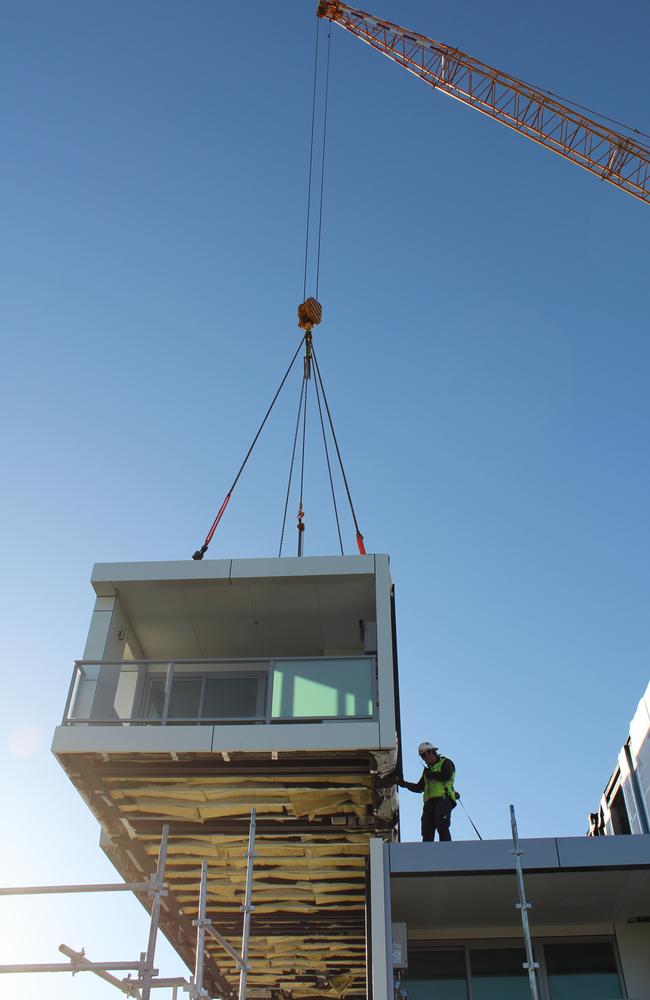 One of the modular Adara Apartments near Cockburn Central being lowered into place.