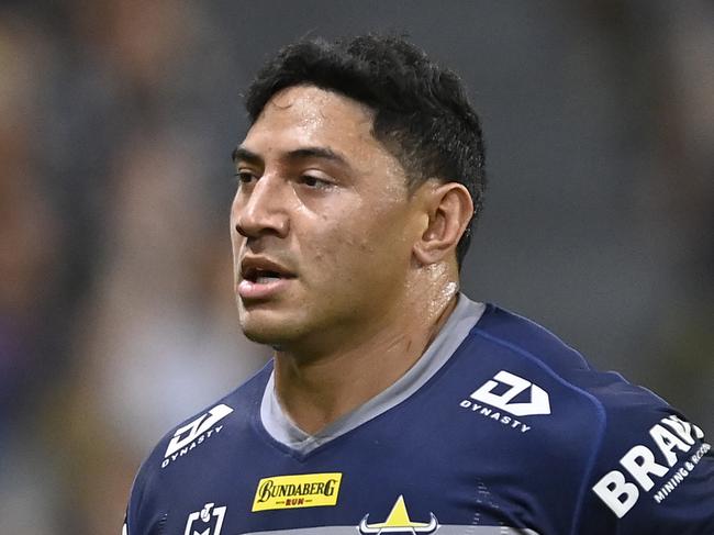 TOWNSVILLE, AUSTRALIA - SEPTEMBER 23: Jason Taumalolo of the Cowboys is sent to the sin-bin during the NRL Preliminary Final match between the North Queensland Cowboys and the Parramatta Eels at Queensland Country Bank Stadium on September 23, 2022 in Townsville, Australia. (Photo by Ian Hitchcock/Getty Images)