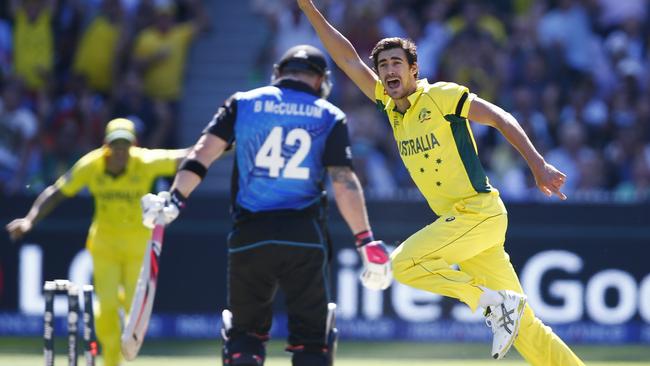 Mitchell Starc celebrates the wicket of Brendon McCullum in the 2015 World Cup final Picture: Michael Klein