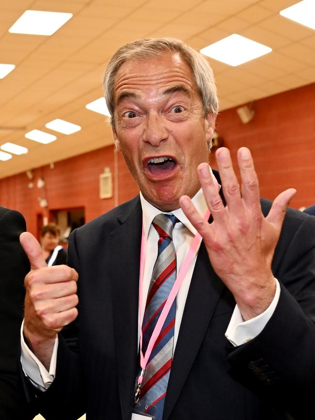 Farage celebrates as Reform Party candidate Sarah Pochin wins the Runcorn and Helsby by-election by six votes. Picture: Anthony Devlin/Getty Images