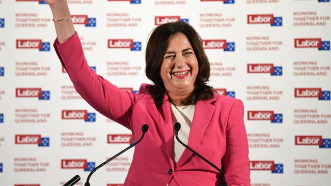 Queensland Premier Annastacia Palaszczuk waves as she celebrates her state election victory on Saturday night. Picture: NCA NewsWire / Dan Peled