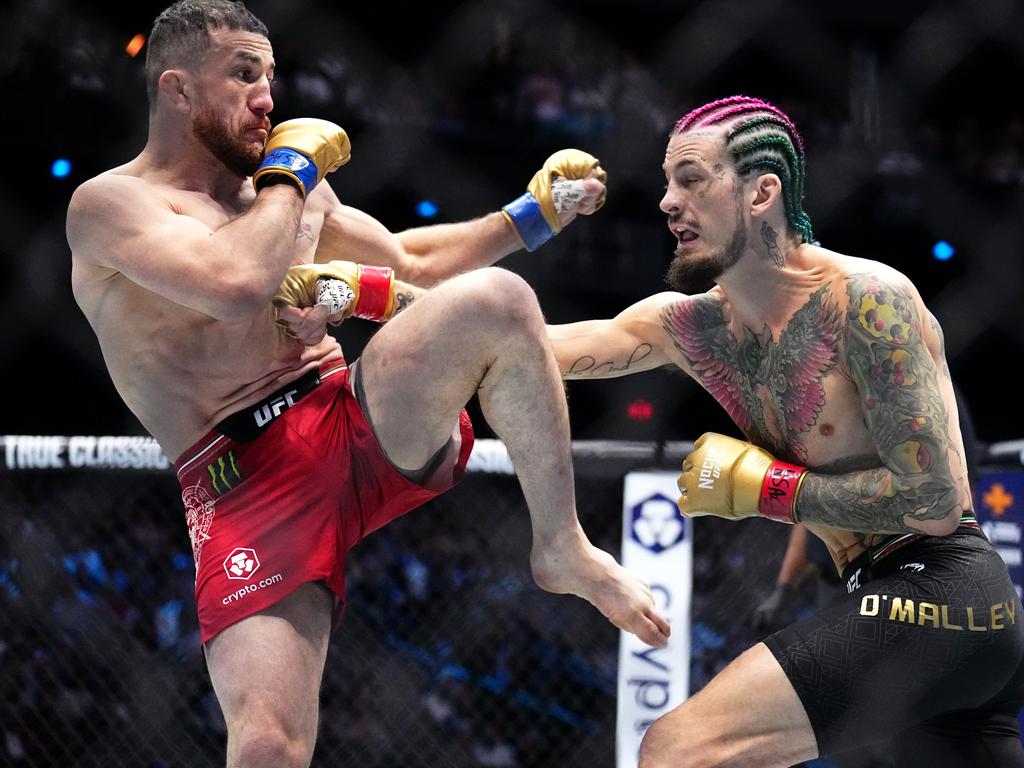 LAS VEGAS, NEVADA - SEPTEMBER 14: (R-L) Sean O'Malley strikes Merab Dvalishvili of Georgia in the UFC bantamweight championship fight during the UFC 306 at Riyadh Season Noche UFC event at Sphere on September 14, 2024 in Las Vegas, Nevada. (Photo by Chris Unger/Zuffa LLC)