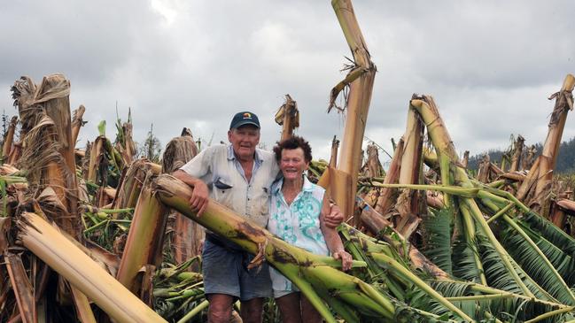 Ten anniversary of Cyclone Yasi. Severe Cyclone Yasi 2011. The aftermath, Ken, 75, and Eileen Barnes, 72, with their destroyed banana crop at Mission Beach. Picture: Evan Morgan