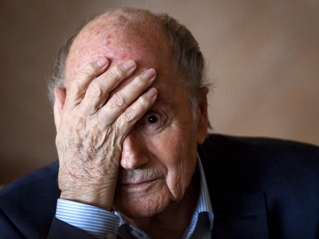 (Former FIFA president Sepp Blatter gestures during a press conference in Zurich. (Photo by Fabrice COFFRINI / AFP)