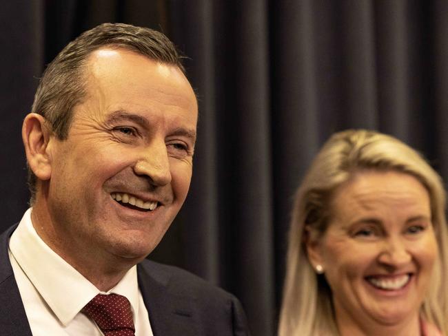 PERTH, AUSTRALIA - NewsWire Photos MAY 29, 2023: Western Australia Premier Mark McGowan announces he is quitting politics. Sarah his wife on his right side. Picture: NCA NewsWire / Colin Murty