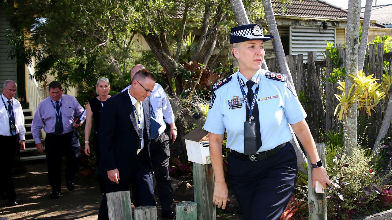 Police Commissioner Katarina Carroll pictured leaving the home of Hannah Clarke’s parents at Camp Hill. Picture: AAP/David Clark