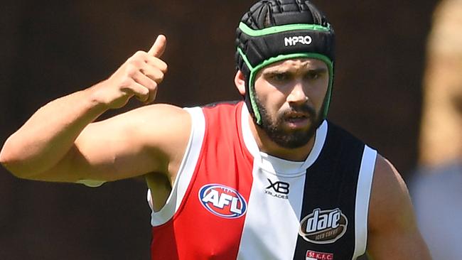 MELBOURNE, AUSTRALIA - MARCH 02: Paddy McCartin of the Saints celebrates kicking a goal during the 2019 JLT Community Series AFL match between the North Melbourne Kangaroos and the St Kilda Saints at Avalon Airport Oval on March 02, 2019 in Melbourne, Australia. (Photo by Quinn Rooney/Getty Images)