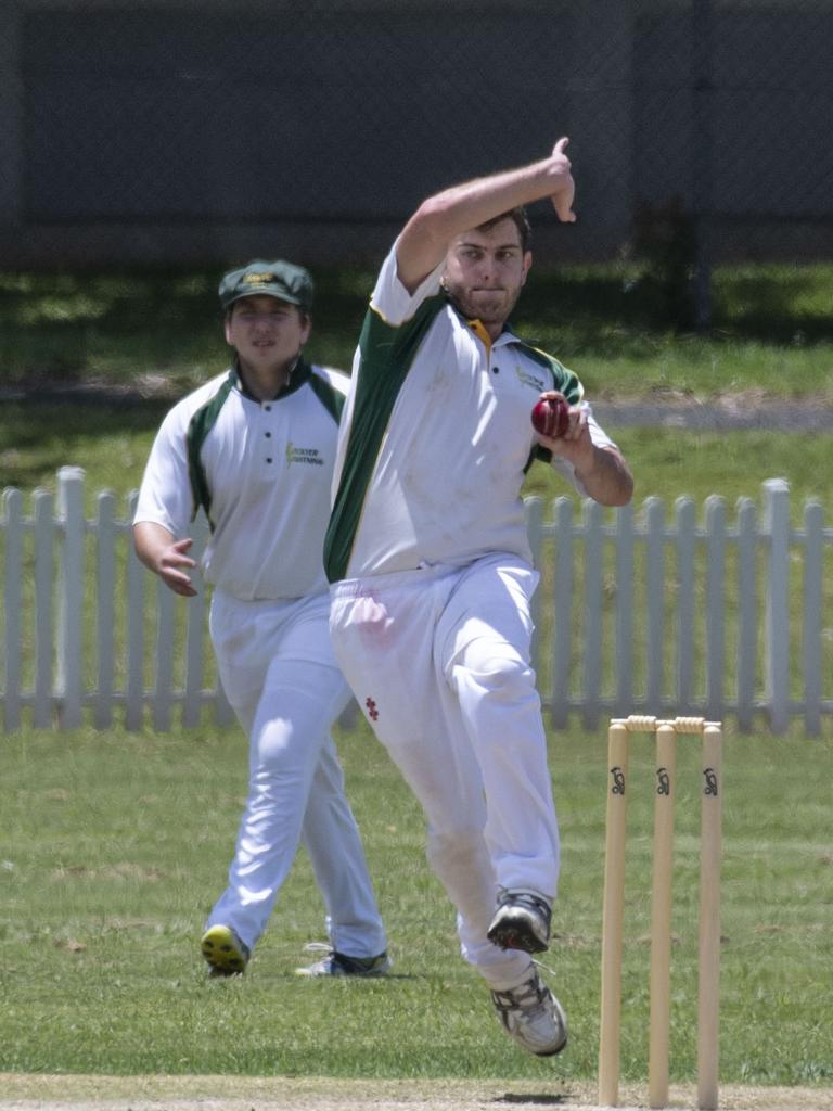 Codey Wegner bowls for Lockyer. Mitchell Shield, Toowoomba vs Lockyer. Sunday, January 23, 2022. Picture: Nev Madsen.