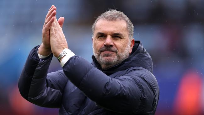 BIRMINGHAM, ENGLAND - MARCH 10: Ange Postecoglou, Manager of Tottenham Hotspur, applauds the fans after the team's victory in the Premier League match between Aston Villa and Tottenham Hotspur at Villa Park on March 10, 2024 in Birmingham, England. (Photo by Alex Pantling/Getty Images)