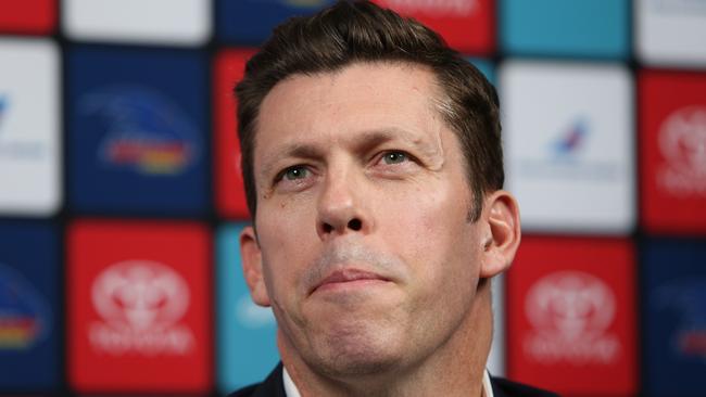 Crows CEO Andrew Fagan at a press conference at which Don Pyke stepped down as Crows coach. Picture: AAP / Emma Brasier