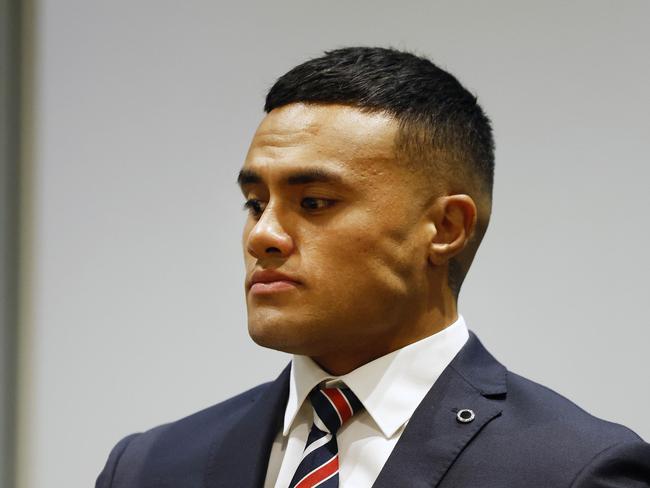 DAILY TELEGRAPH MARCH 11, 2024. Roosters player Spencer Leniu at the NRL Judiciary hearing at Rugby League Central, Moore Park. Picture: Jonathan Ng