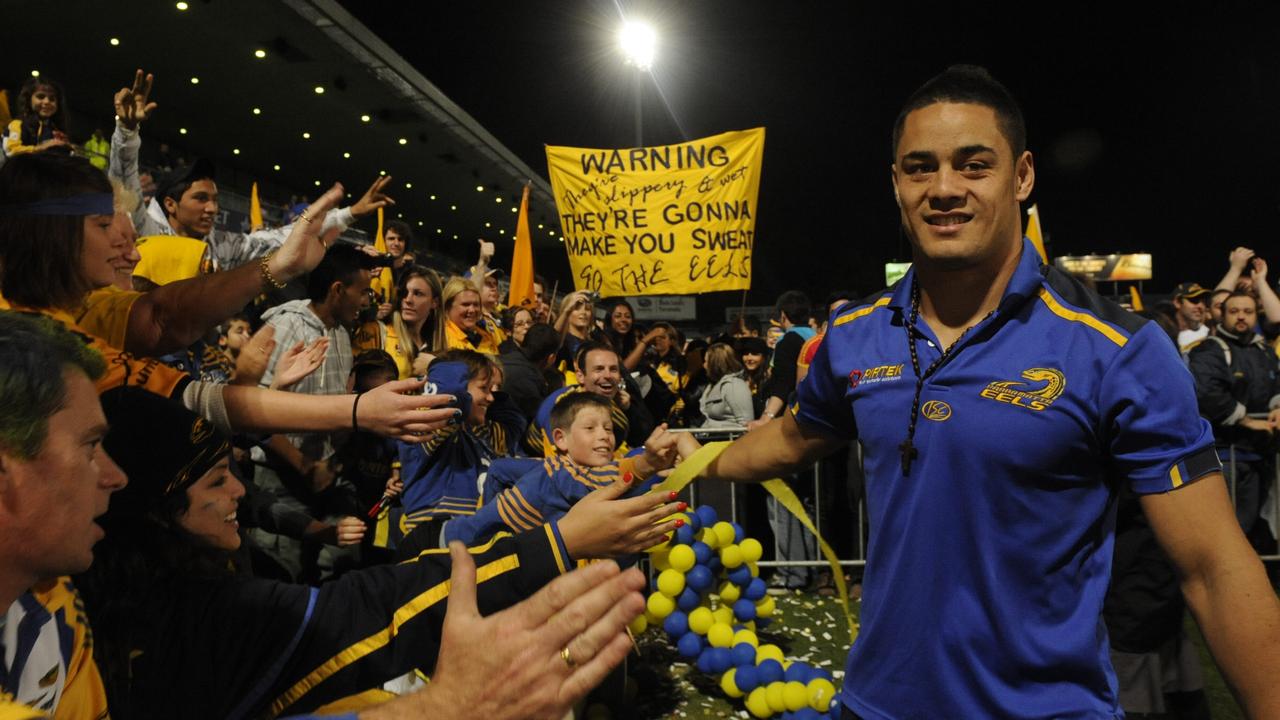 Fallen Eels star Jarryd Hayne celebrates Parramatta's grand final