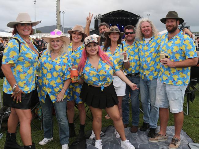 Kelly Thompson, Angela Stewart, Jess Fox, Mandy Pike, Lee Maskell, Ricky Pike and Gavin Stewart enjoy the Cairns edition of the Red Hot Summer Tour, held at the Cairns Showgrounds on May 25 2024. Picture: Angus McIntyre