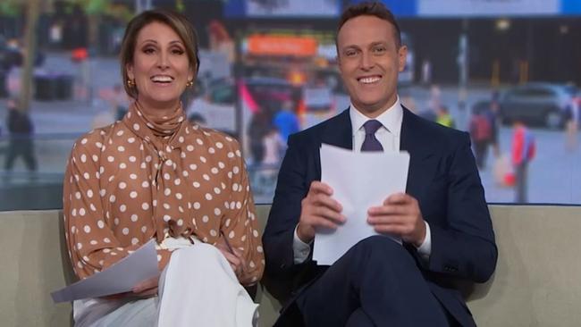 Barr and Matt Shirvington, who stood in for Koch, on Sunrise. Shirvington is widely tipped to fill Koch’s spot permanently. Picture: Supplied