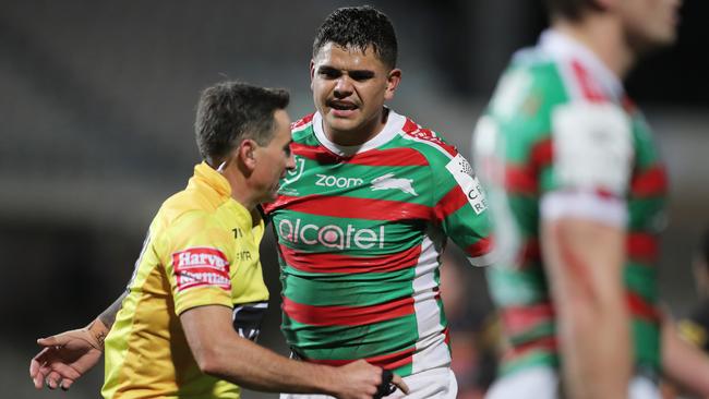 SYDNEY, AUSTRALIA - JUNE 25: Latrell Mitchell of the Rabbitohs argues with referee Gerard Sutton after being sent to the sin bin during the round seven NRL match between the Penrith Panthers and the South Sydney Rabbitohs at Netstrata Jubilee Stadium on June 25, 2020 in Sydney, Australia. (Photo by Matt King/Getty Images)