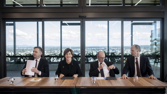 ANZ's CEO Shayne Elliott, far right, and chairman Paul O'Sullivan at a press conference for Suncorp Bank in Brisbane with Suncorp's CEO Steve Johnston, far left, and Suncorp chair, Christine McLoughlin. Picture: Arsineh Houspian.