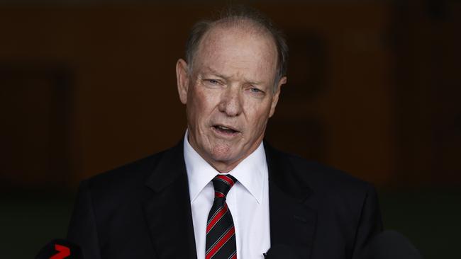 MELBOURNE, AUSTRALIA - AUGUST 19: Essendon Bombers President, David Barham speaks to the media during a press conference at The Hangar on August 19, 2022 in Melbourne, Australia. (Photo by Darrian Traynor/Getty Images)