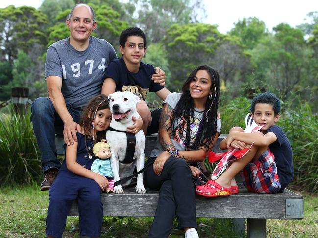 23/1/19: Mohamed Yehia, wife Shahira and kids Youssef, 11, Faris, 8 and Jasmin, 5 plus Rosie the dog at a park near their home at Beaumont Hills in Outer Sydney.. He and his 2 sons will become Australian citizens. John Feder/The Australian