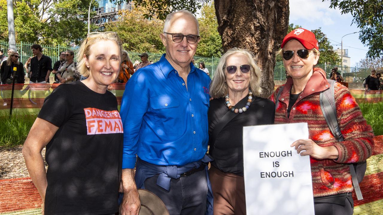 Former Prime Minister Malcolm Turnbull and wife Lucy at the "No More! National Rally Against Violence march in Sydney from Belmore Park at 1PM marching to Hyde Park.Picture: NCA NewsWire / Monique Harmer