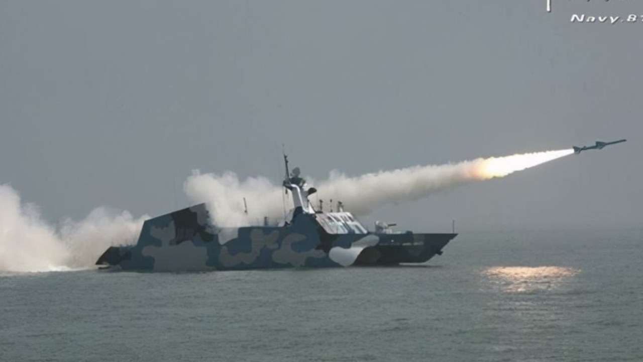 A Houbei Class (Type 022) fast-attack catamaran. Three of these warships have been spotted based at one of China’s controversial island fortresses in the Spratly Islands. Source: Chinese state-controlled media.