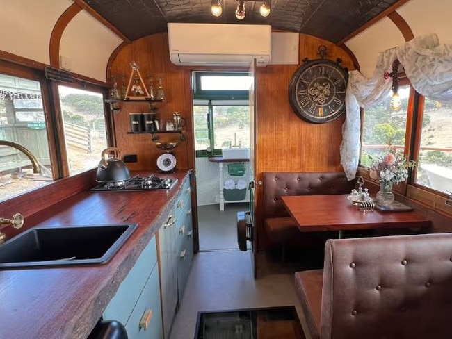 The kitchen and dining room in the tram. Picture: Supplied