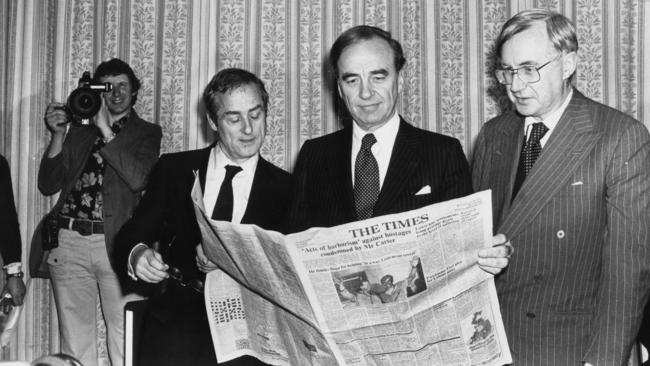 Rupert Murdoch, centre, with William Rees-Mogg, right, and Harold Evans in 1981. Picture: The Times