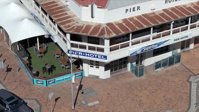 A hole in a skylight on the roof of the Pier Hotel in Port Lincoln. West Adelaide footballer Sam May was injured after possibly falling through the roof. Picture: 7NEWS Adelaide